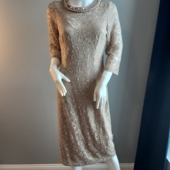 LONDON TIMES Tan Lace Overlay Midi Dress - Picture 9 of 10